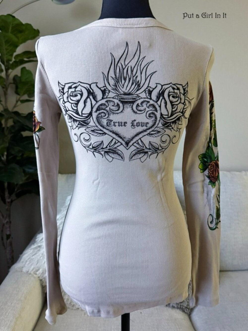 Vocal Apparel Women's Crystal Old School Taupe True Love Tattoo Shirt S M L Y2K - Picture 4 of 4
